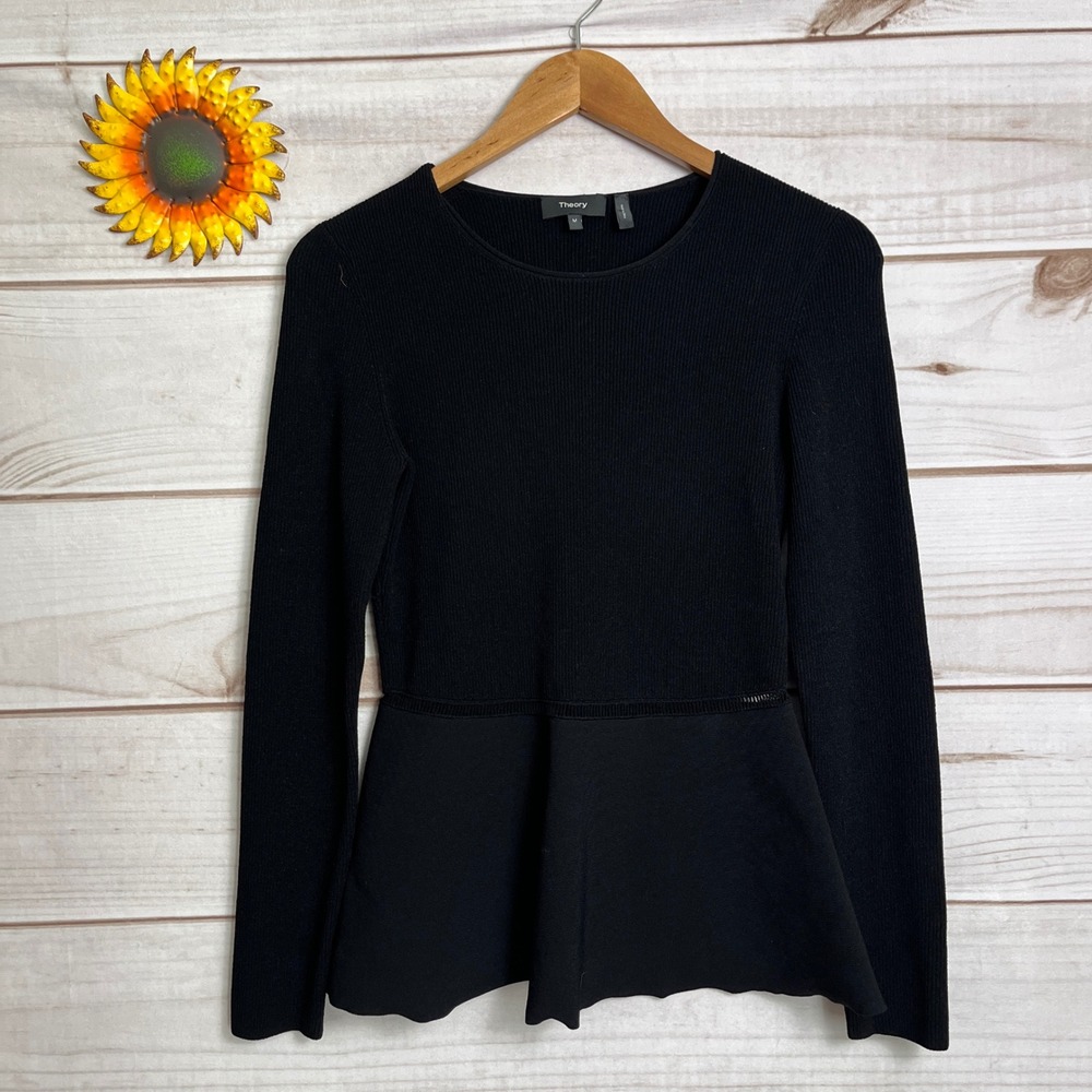 Theory Black Long Sleeve Peplum Top Ribbed Knit Viscose Blend Size M